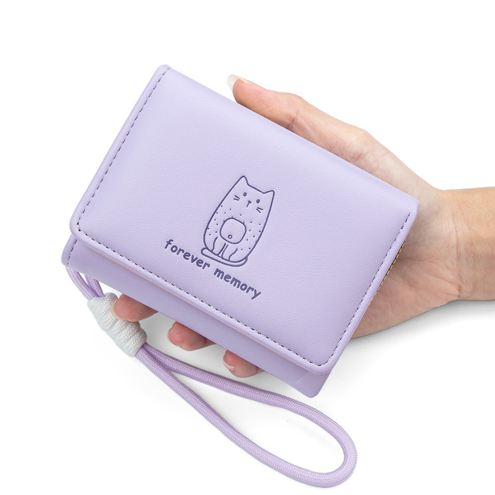 Women's Style Cat Lanyard Simple Short Three Fold Fresh Printed Coin Purses