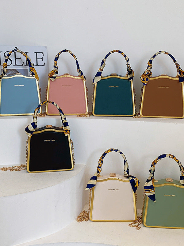 Women's Box Silk Scarf Portable Chain Western Style Crossbody Bags