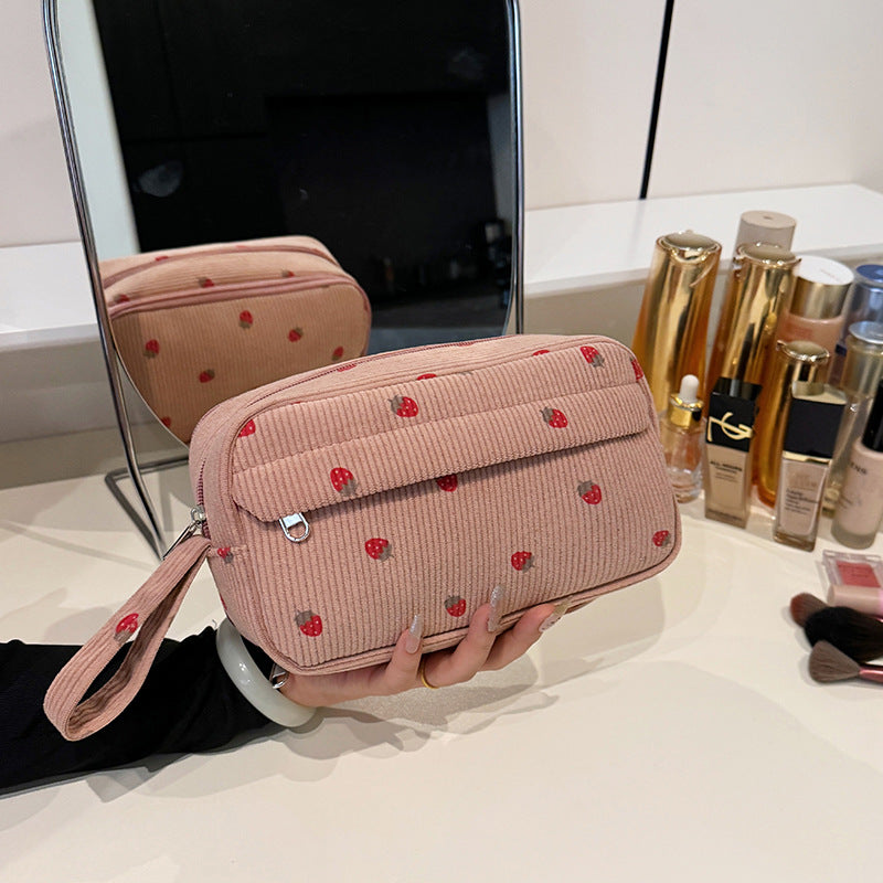 Corduroy Strawberry Pattern Large Capacity Portable Storage Bags