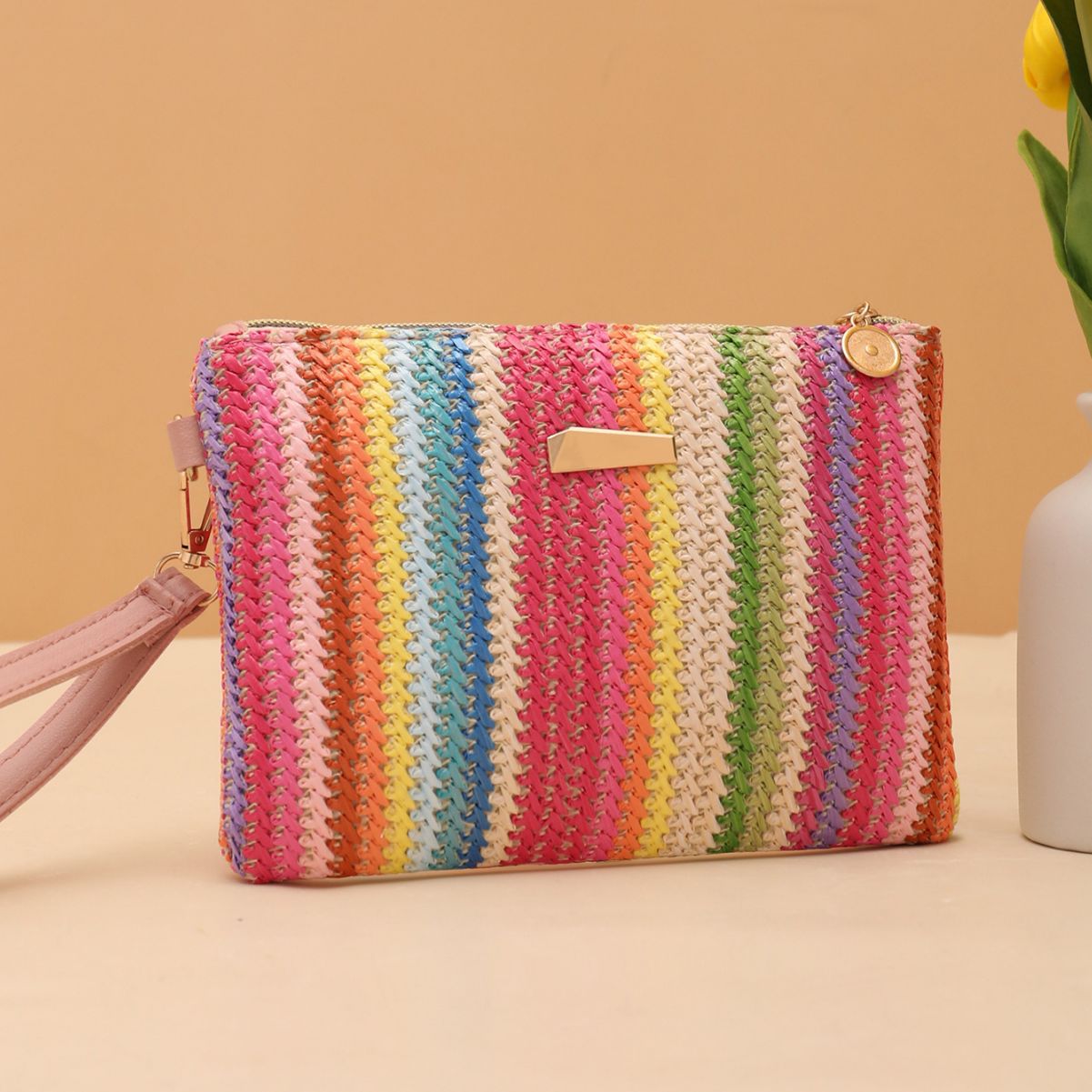 Women's Fashion Rainbow Woven Summer Clutch Fresh Crossbody Bags