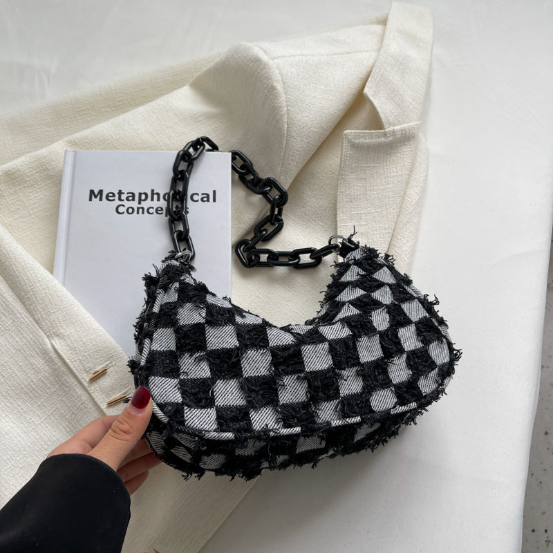Women's Fashion Simple Denim Canvas Chessboard Plaid Shoulder Bags
