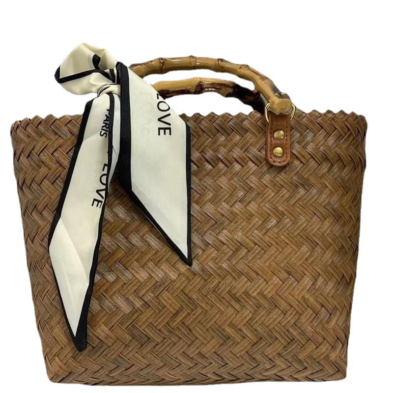 Women's Straw Woven Bamboo Beach Vintage Handle
