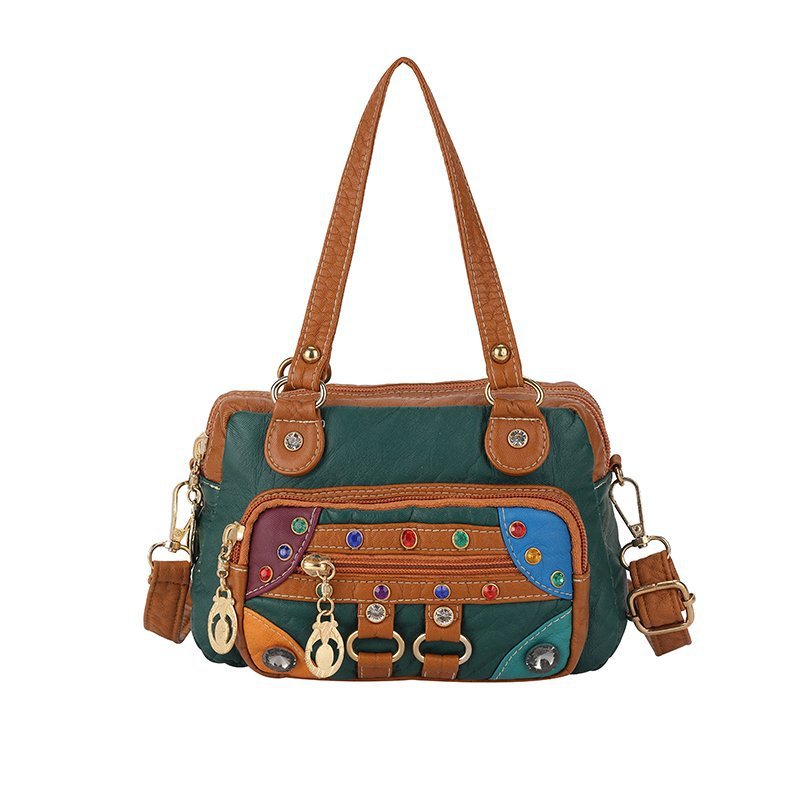 Women's Trendy Soft Washed Leather Color Matching Shoulder Bags