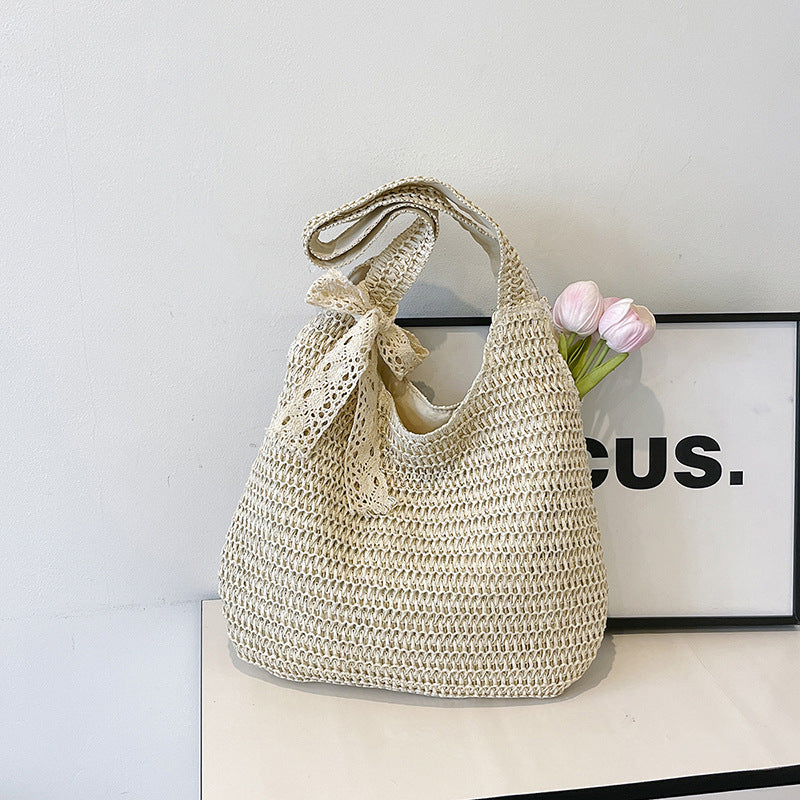 Women's Beach Woven Portable Straw Vegetable Basket Silk Women's Shoulder Bag