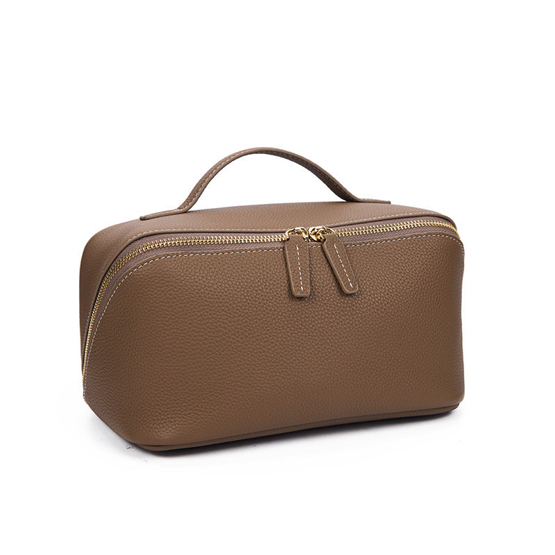 Women's Cowhide Textured Portable Toiletry Fashionable Leather Makeup Bag