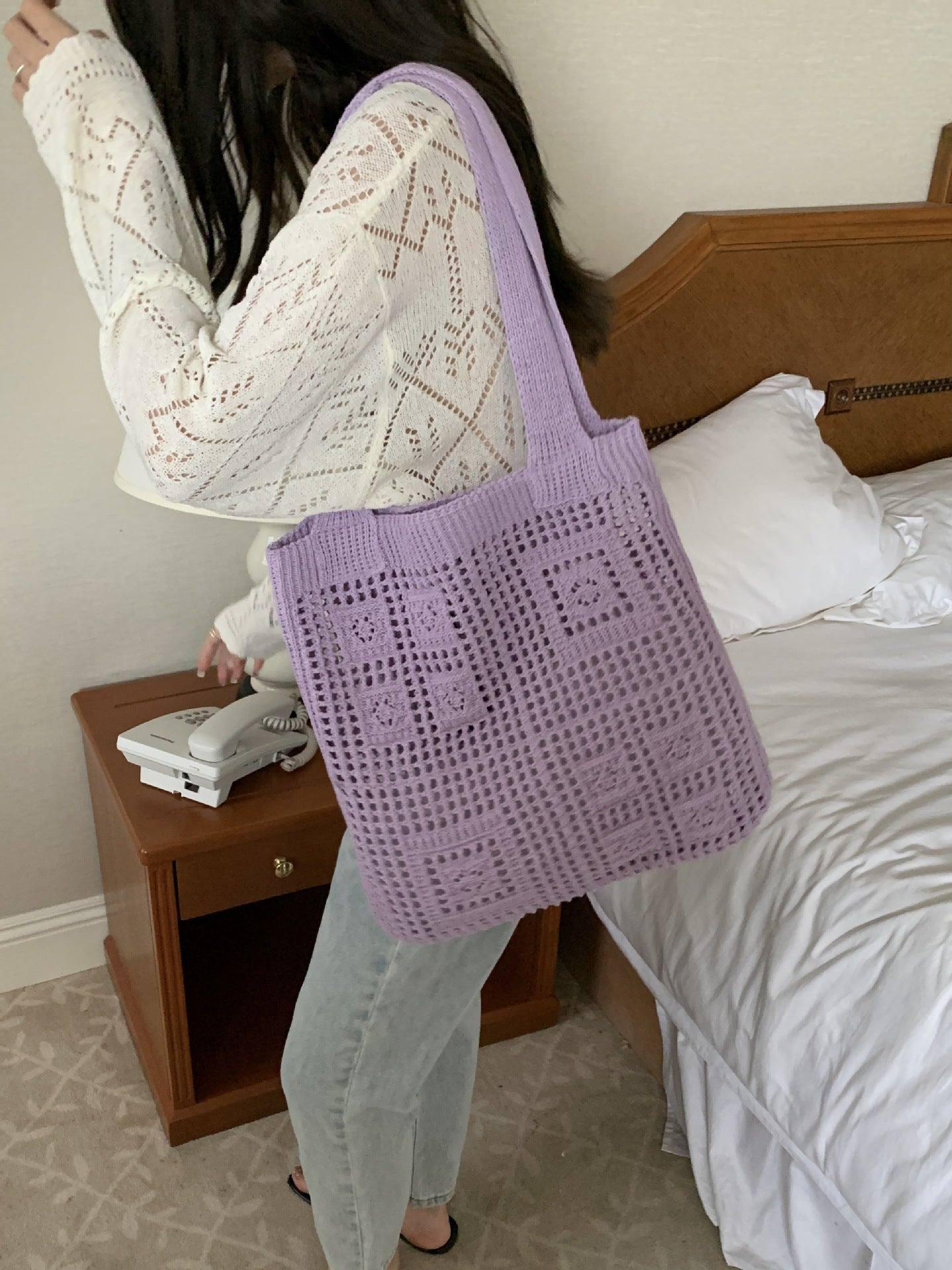 Women's Retro Mesh Hollow Out Hand-woven Wool Shoulder Bags