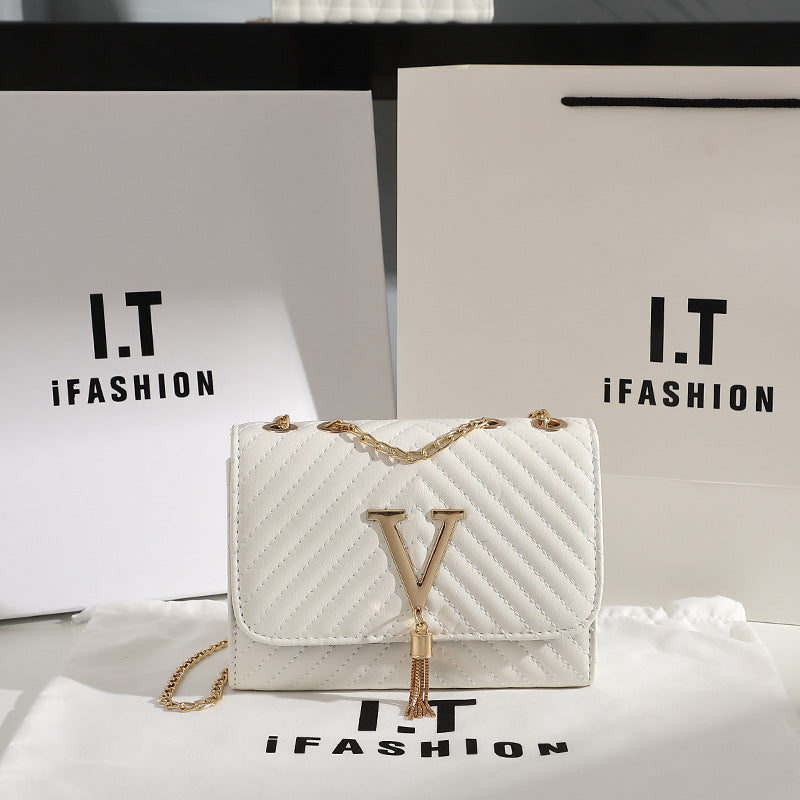 Women's Trendy Fashion Striped Embroidered V-shaped Tassel Crossbody Bags