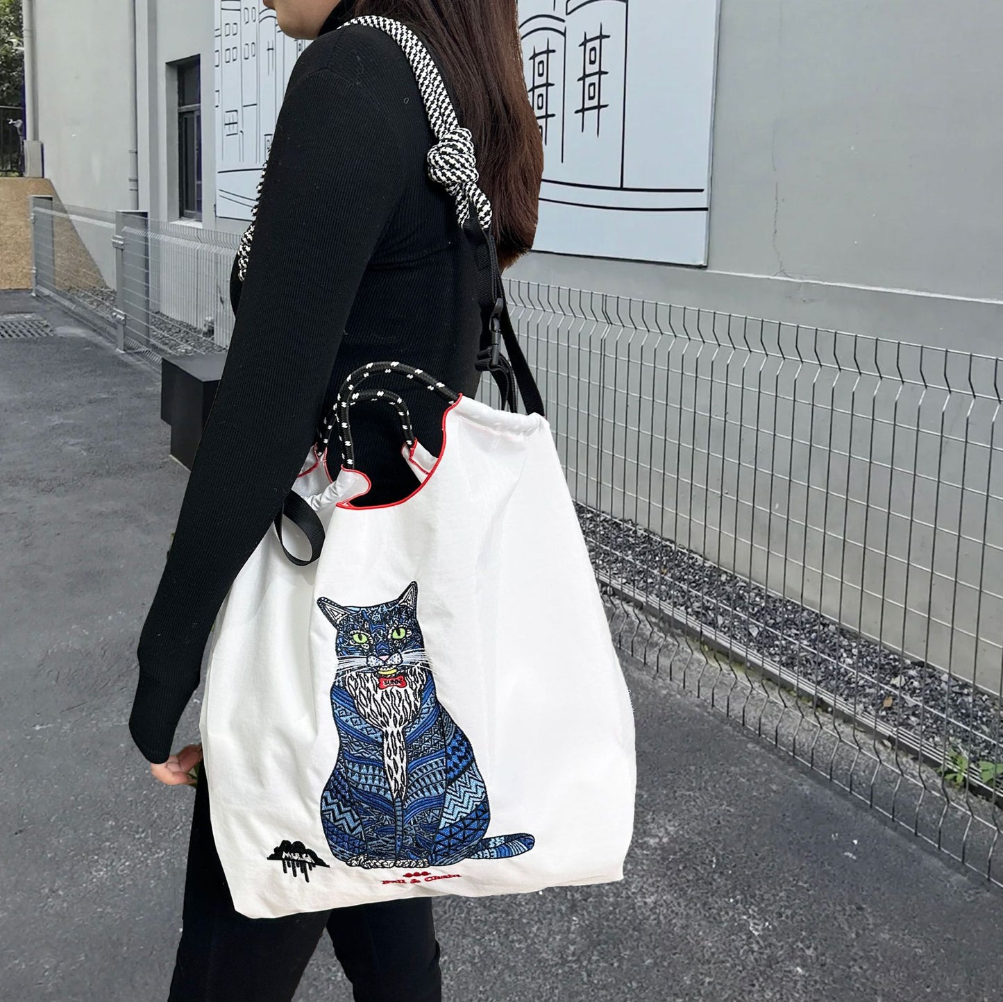 Cat Embroidered Shopping Large Capacity Nylon Bags