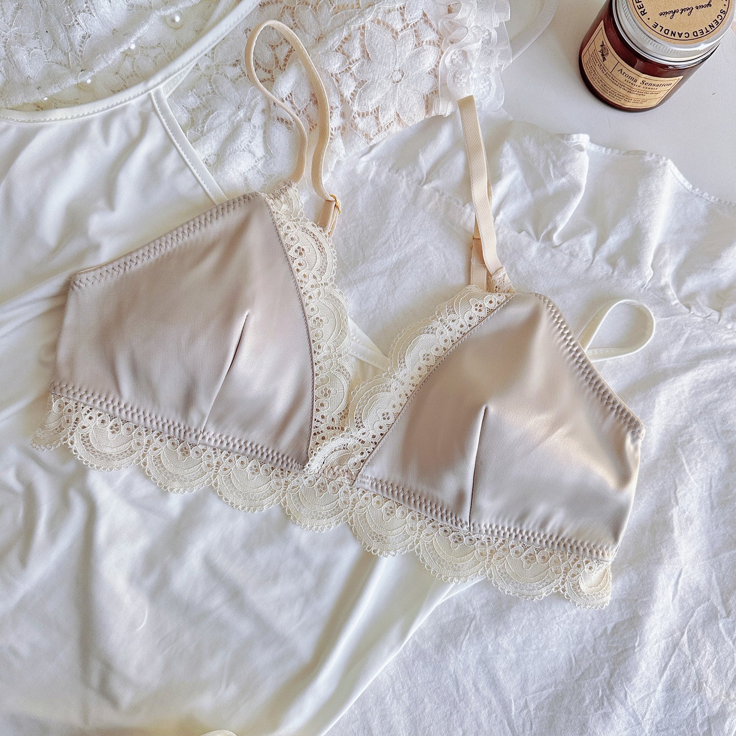 French Lace Thin Satin Simple Solid Lingerie Sets