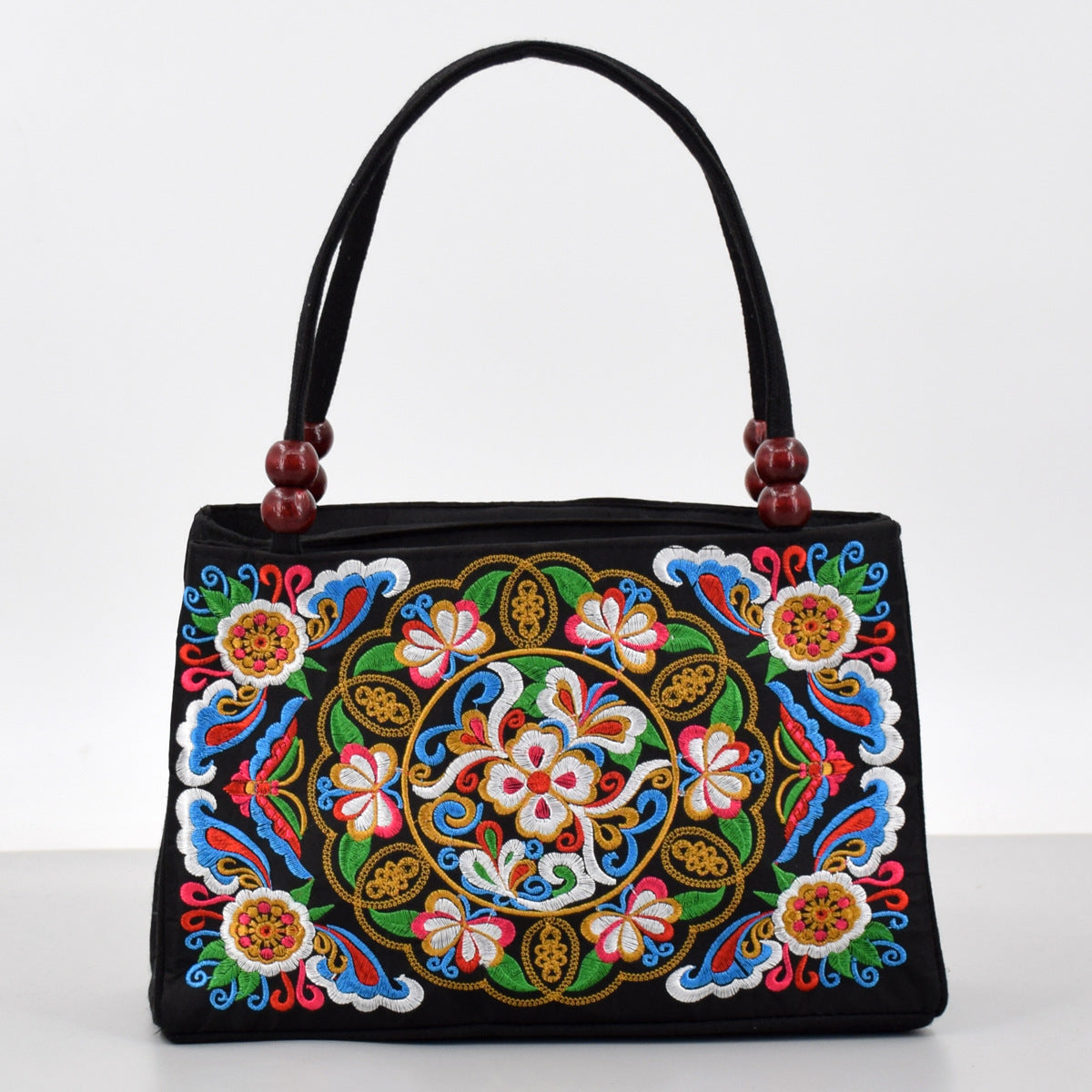 Style Double Sided Embroidery Wooden Bead Layer Zipper Portable Handbags