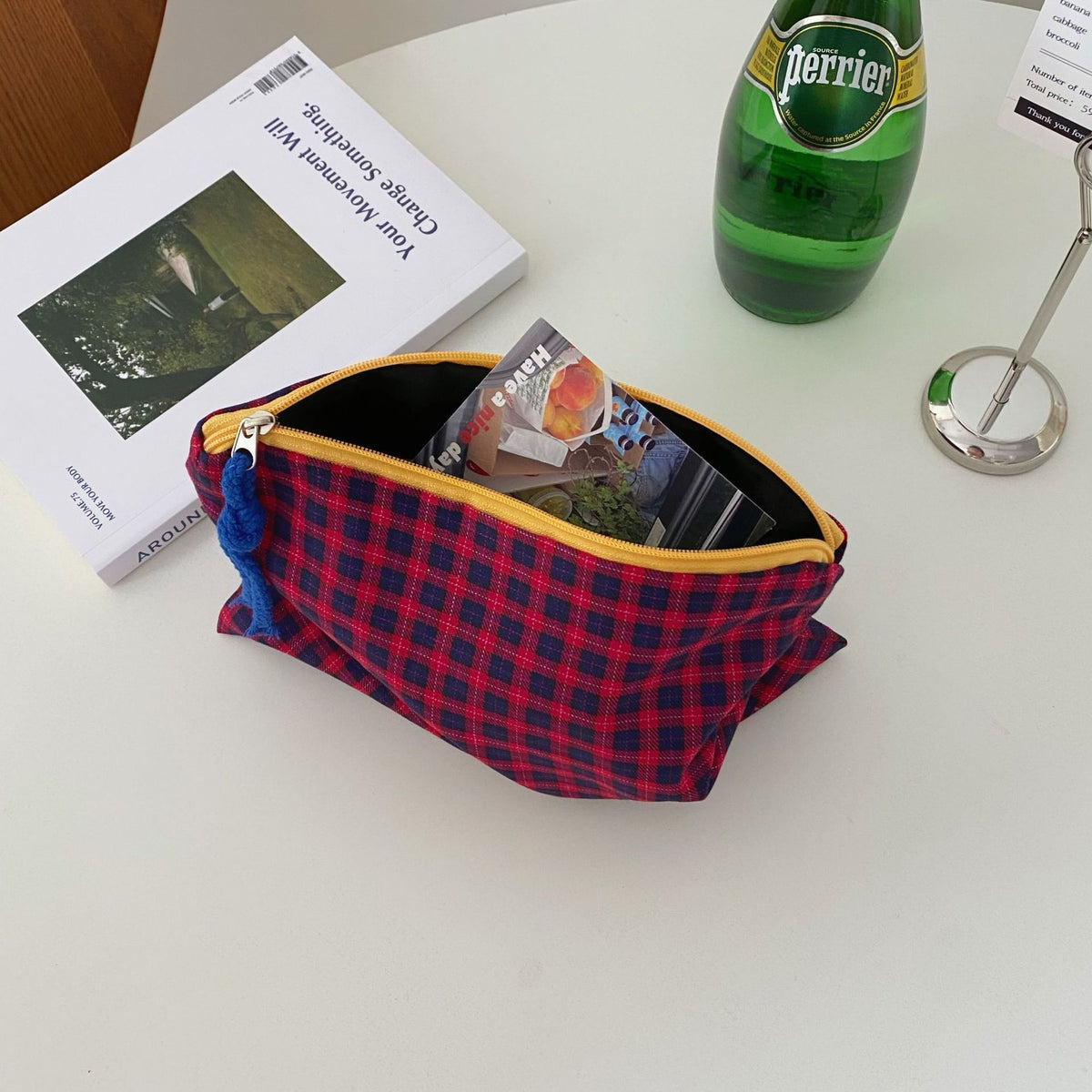 Capacity Classic Plaid Portable Cosmetics Buggy Bags