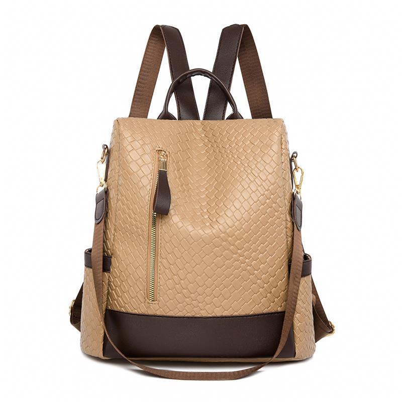 Women's Soft Leather Fashion Color Contrast Woven Backpacks