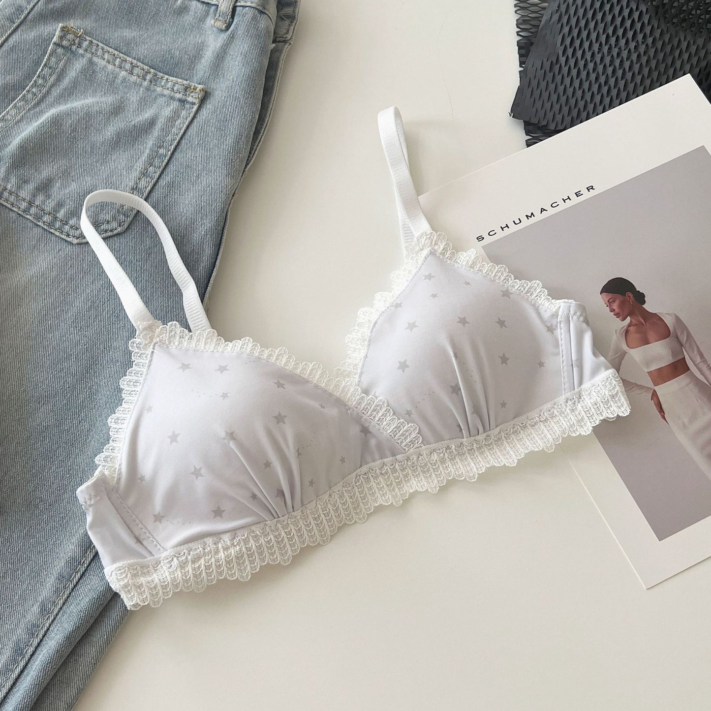Triangle Cup Lace Trim Underwear Female Thin Small Breast Bras