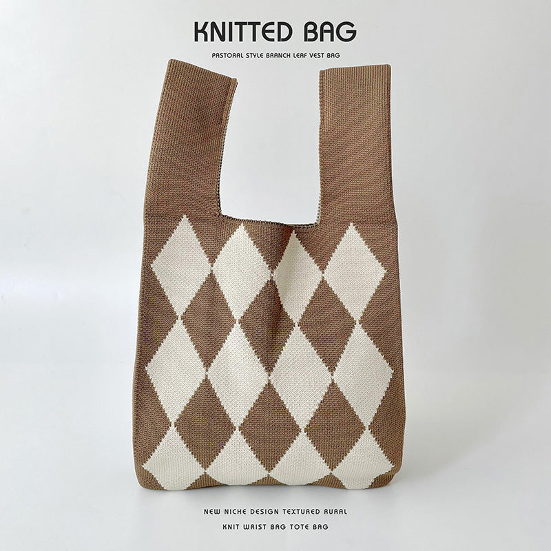 Vest Knitted Black White Rhombus Single Shoulder Bags