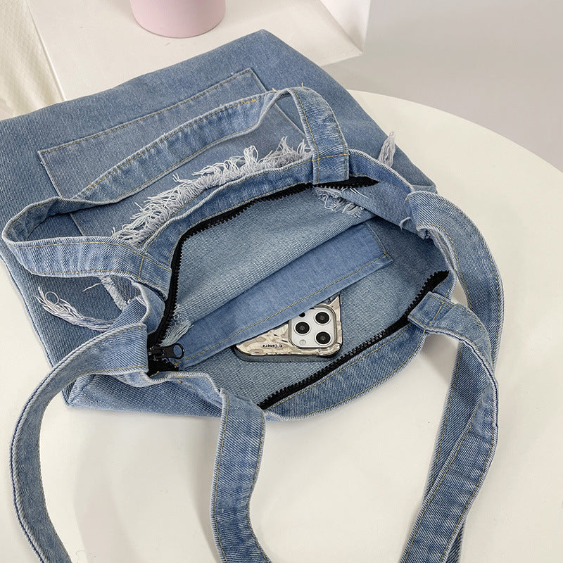 Canvas Denim Washed Cloth Tassel Large Shoulder Bags