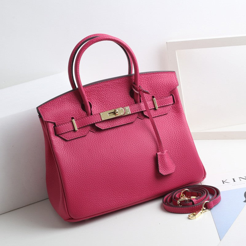 Large Capacity Lychee Pattern Kelly Genuine Cattlehide Leather Handbags