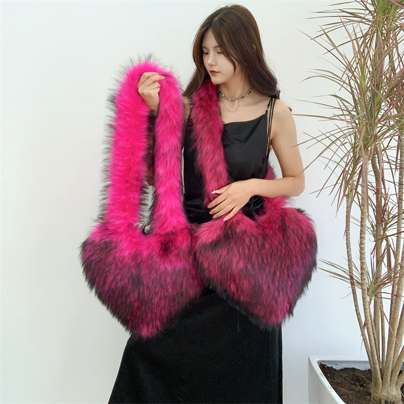 Heart Imitation Raccoon Fur Plush Large Shoulder Bags