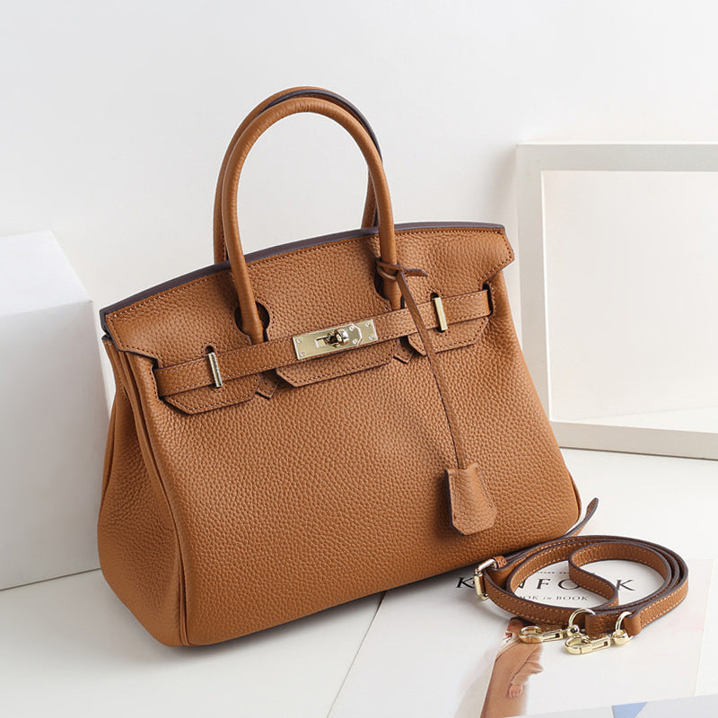 Large Capacity Lychee Pattern Kelly Genuine Cattlehide Leather Handbags