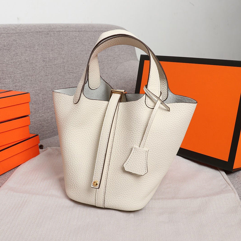 Women's Color Matching Vegetable Basket Cowhide Litchi Grain First Handbags