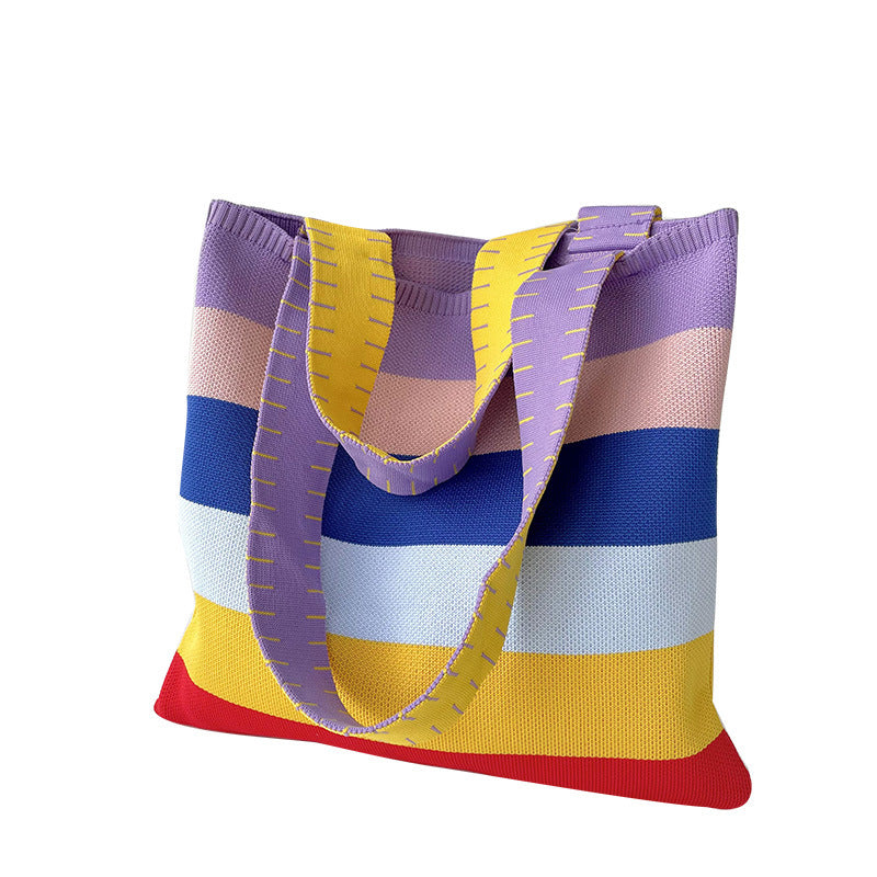 Women's Rainbow Knitted Versatile Large Capacity Commuter Shoulder Bags