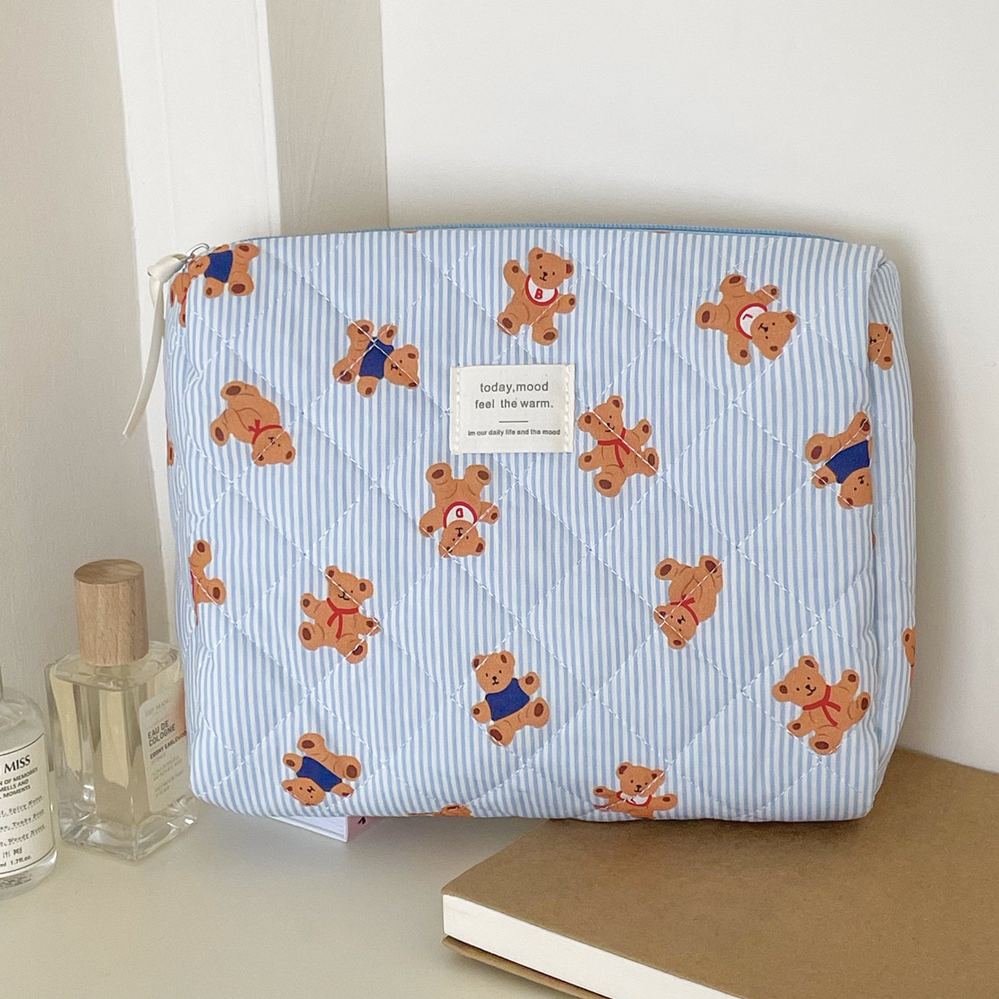 Blue Striped Bear Cartoon Girlish Portable Large Capacity Cosmetic Bags