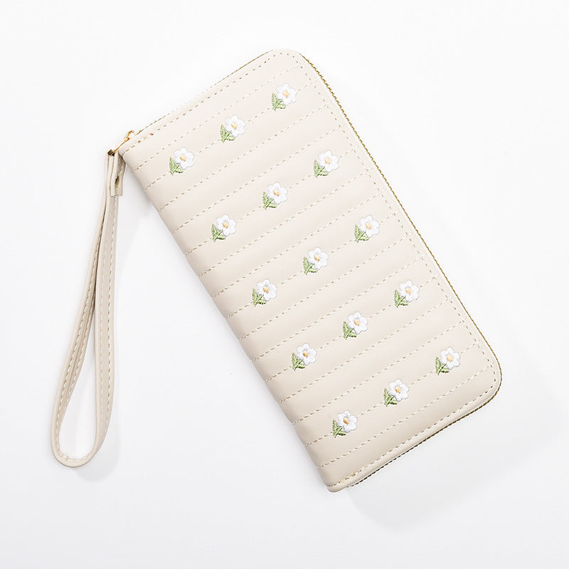Women's Style Long Single Zipper Embroidered Fresh Sweet Ladies Wallets