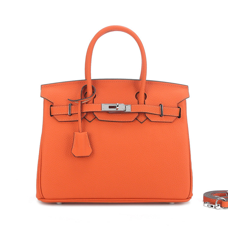 Large Capacity Lychee Pattern Kelly Genuine Cattlehide Leather Handbags