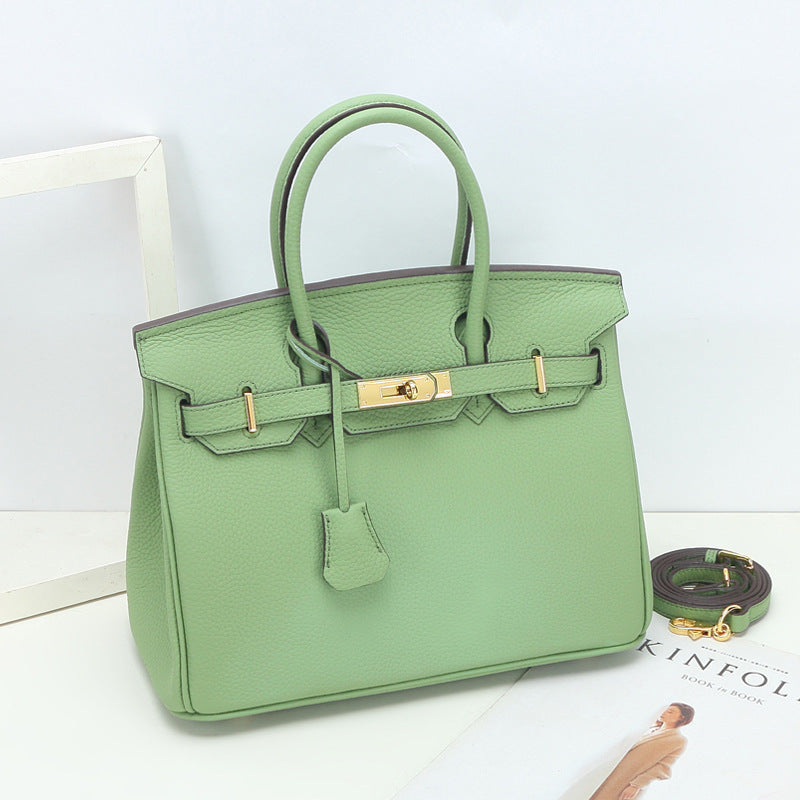 Large Capacity Lychee Pattern Kelly Genuine Cattlehide Leather Handbags