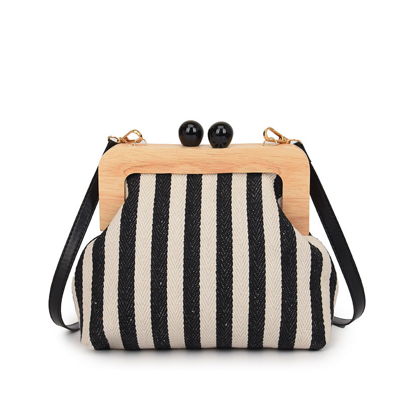 Women's Striped Canvas Wooden Clutch Fashionable Exquisite Crossbody Bags