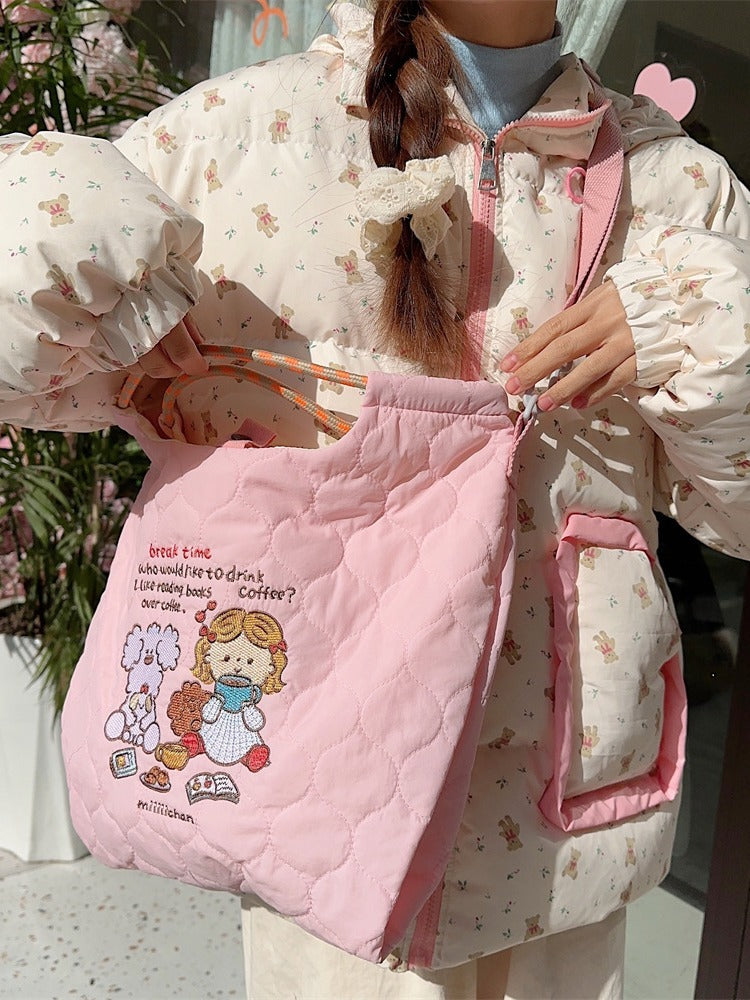 Style Soft Cute Embroidered Quilted Cotton Large Capacity Handbags