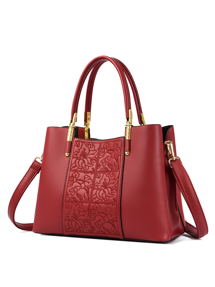 Women's Genuine Leather Embroidered Chinese Style Mother's Large Handbags