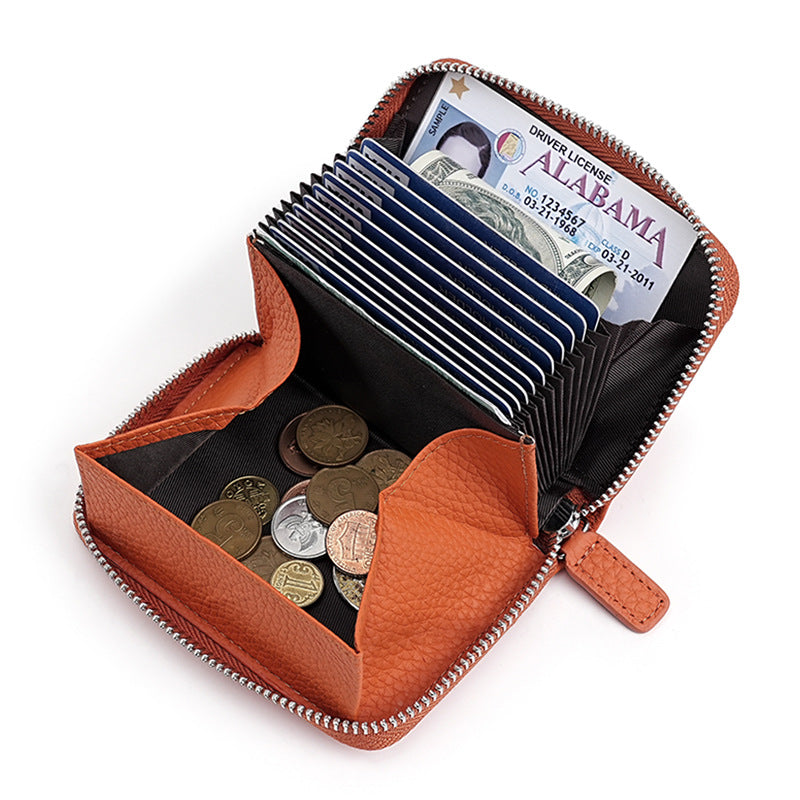Swiping Genuine Leather Multifunctional Zipper First Layer Organ Card Holder