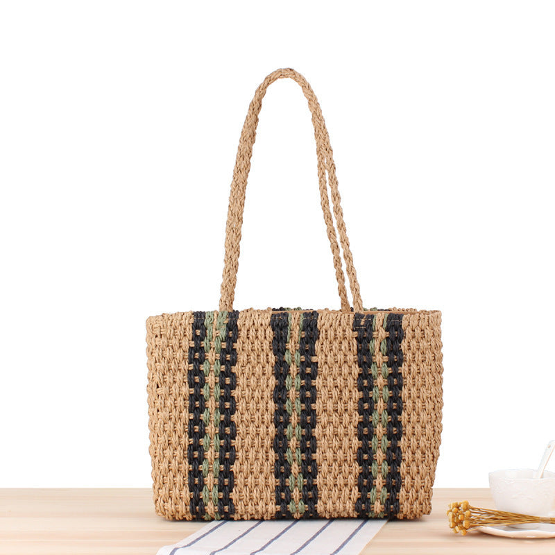 Women's Vertical Striped Straw Fashion Summer Vacation Shoulder Bags