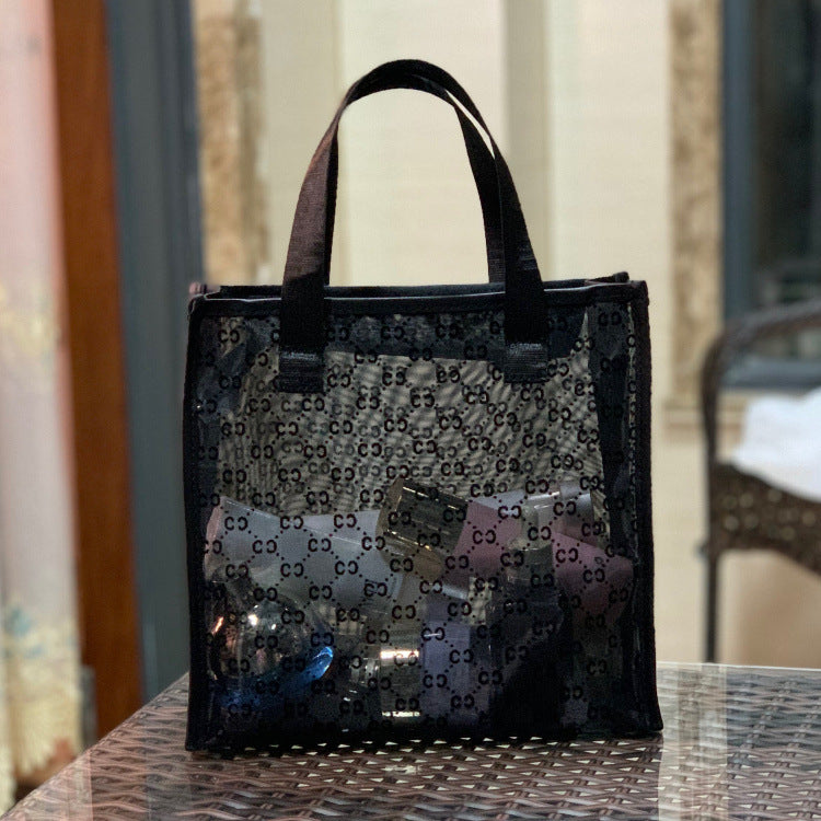 Women's Mesh Flocking Transparent Cutout Large Capacity Handbags