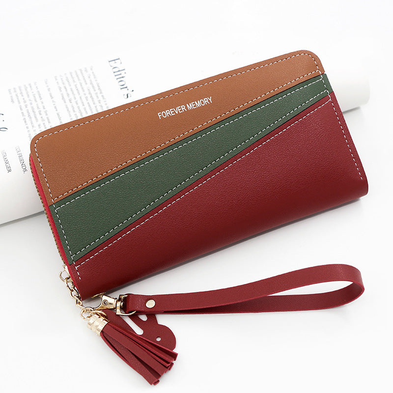 Women's Simple Long Zip Leather Patchwork Color Matching Ladies Wallet