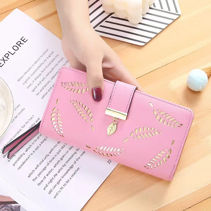 Women's Hollow Leaf Billfold Leather Korean Style Two Fold Long Ladies Wallets