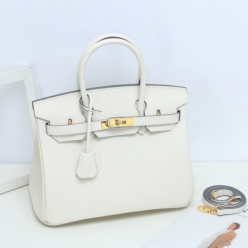 Large Capacity Lychee Pattern Kelly Genuine Cattlehide Leather Handbags
