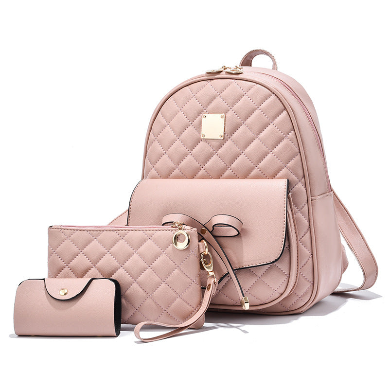 Women's Bow Trendy Rhombus Three-piece Set Backpacks