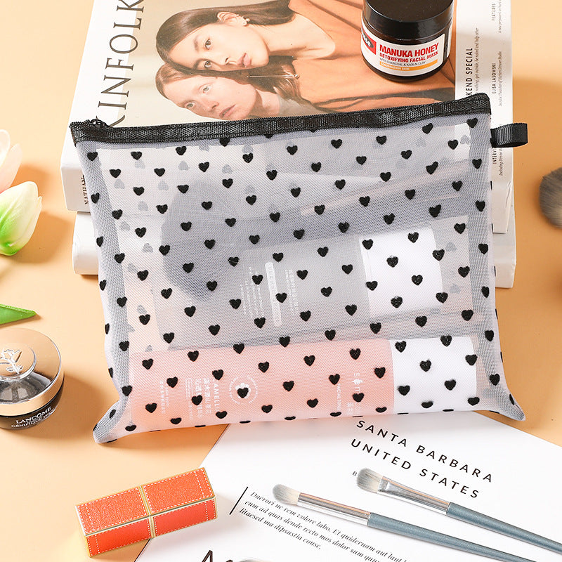 Women's Black Flocking Love Mesh Shell Storage Cosmetic Bags