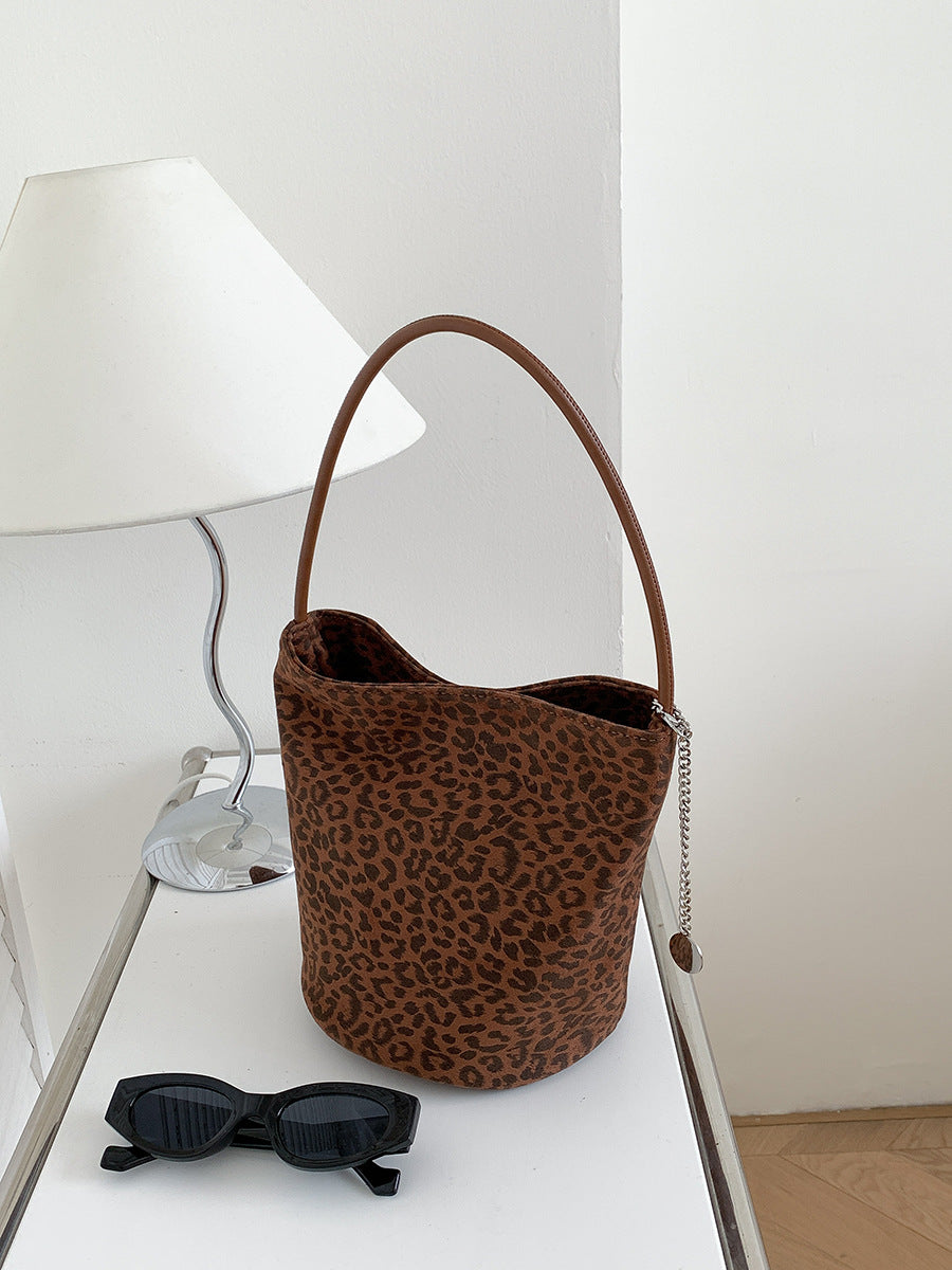 Women's Cylinder Leopard Print Stitching Design Portable Shoulder Bags