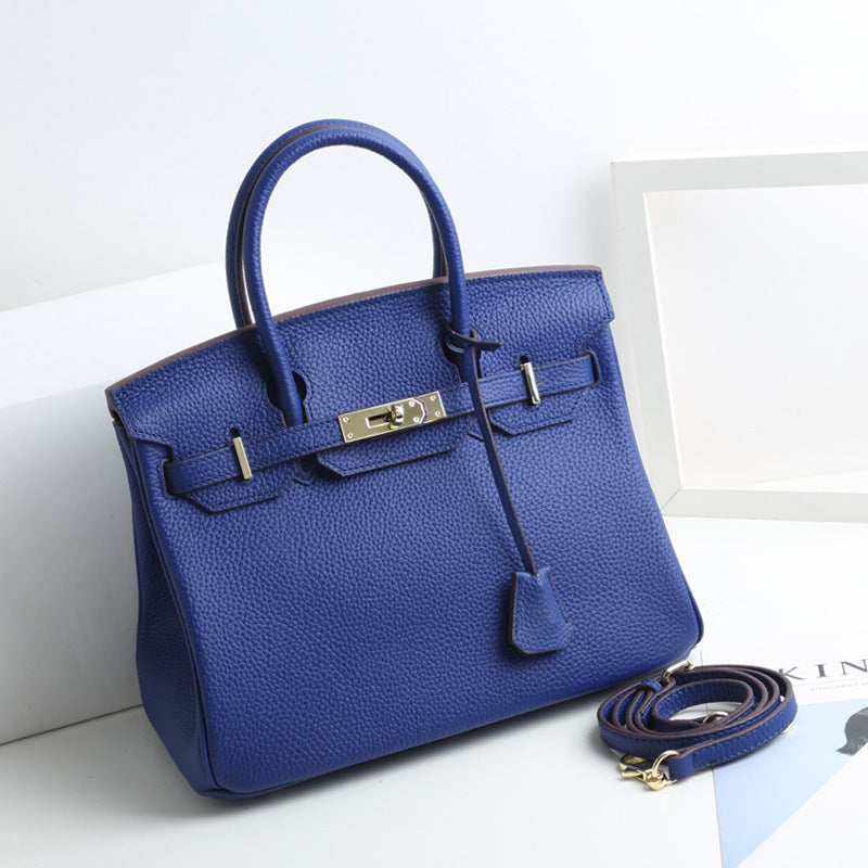 Large Capacity Lychee Pattern Kelly Genuine Cattlehide Leather Handbags