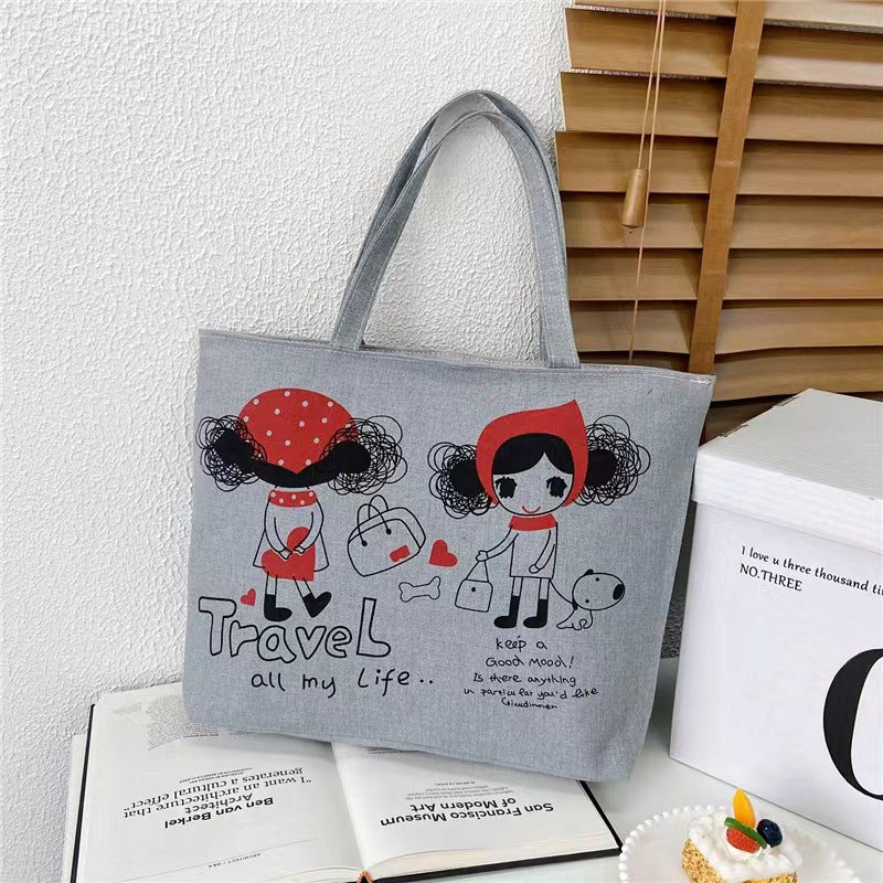 Women's Canvas Printed Simple Portable Large Capacity Shopping Bags
