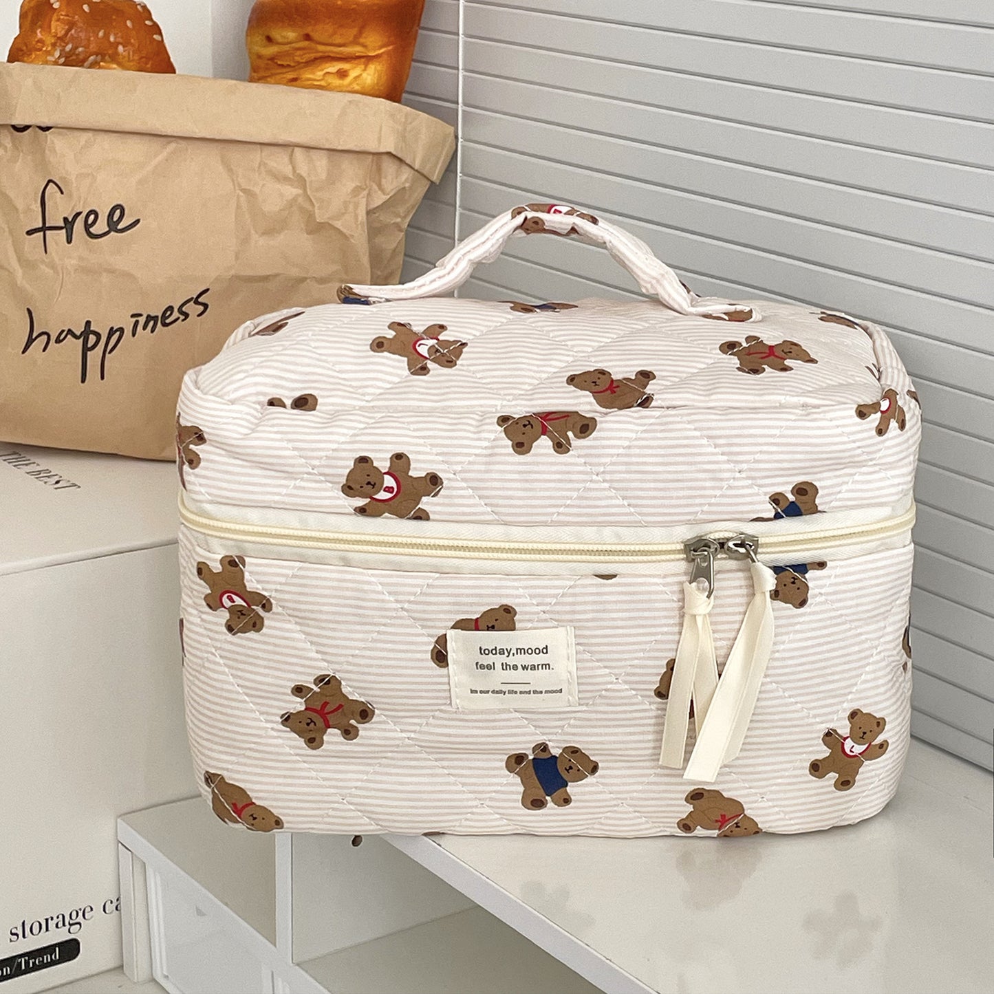 Blue Striped Bear Cartoon Girlish Portable Large Capacity Cosmetic Bags