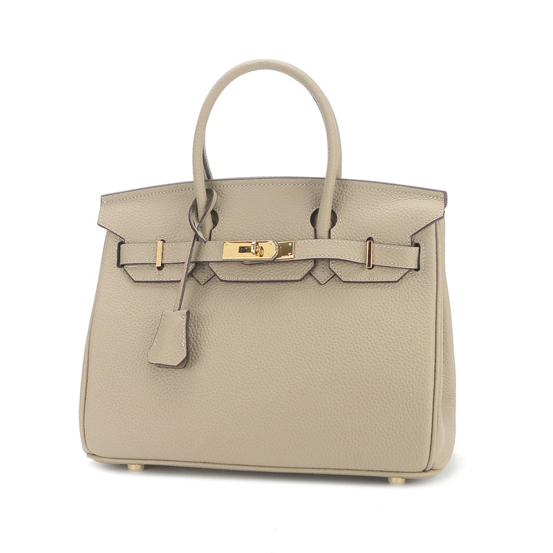 Large Capacity Lychee Pattern Kelly Genuine Cattlehide Leather Handbags