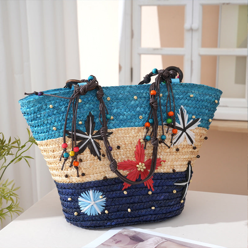 Women's Straw Grass Hand-knitted Embroidered Three-color Starry Sky Wooden Bead Woven Bags