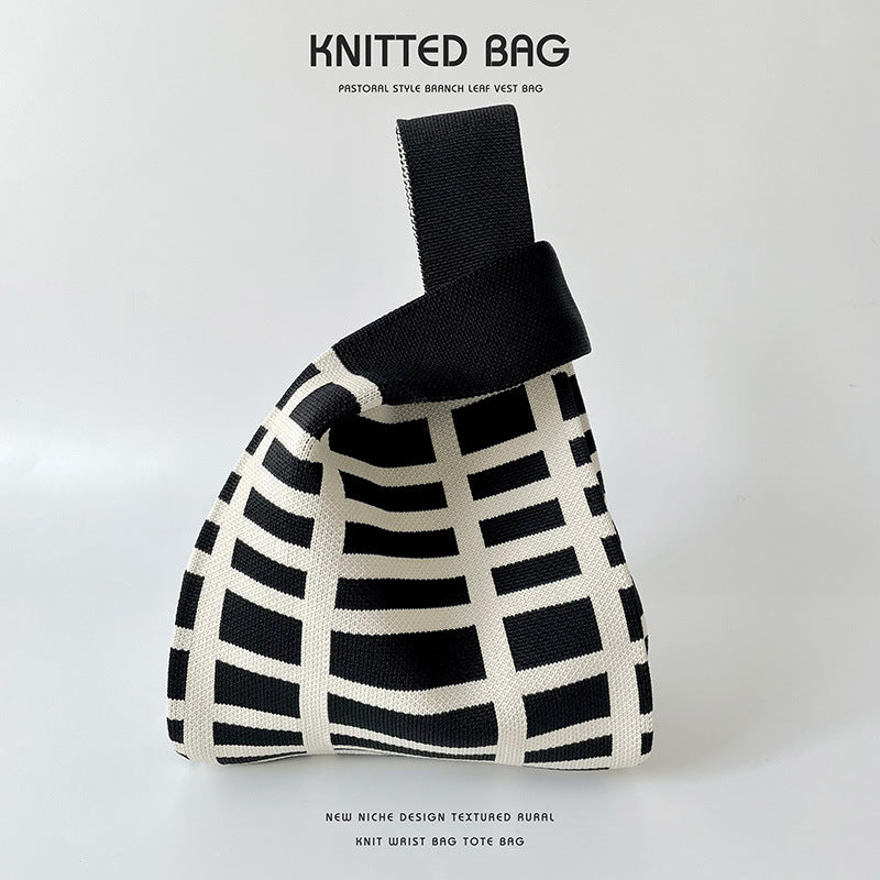 Black White Striped Knitted Hand Holding Versatile Bags