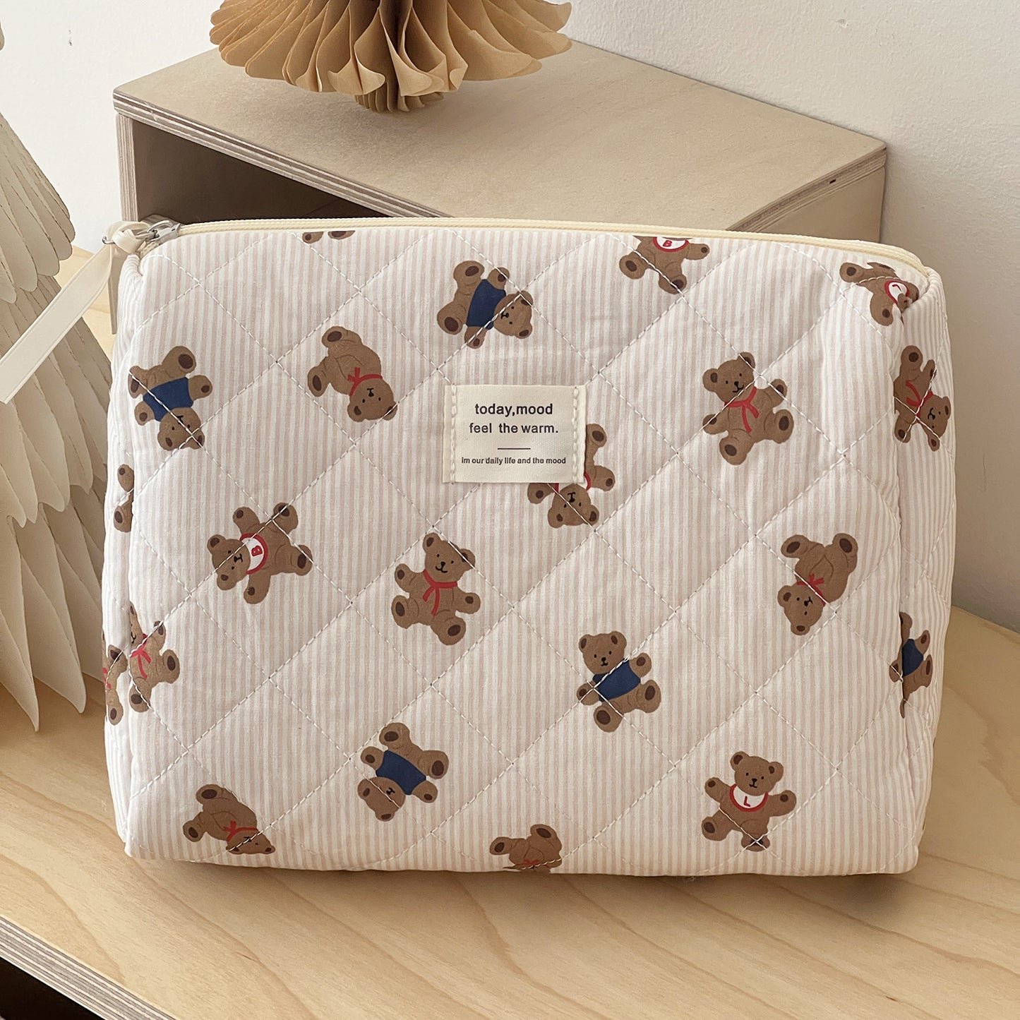 Blue Striped Bear Cartoon Girlish Portable Large Capacity Cosmetic Bags