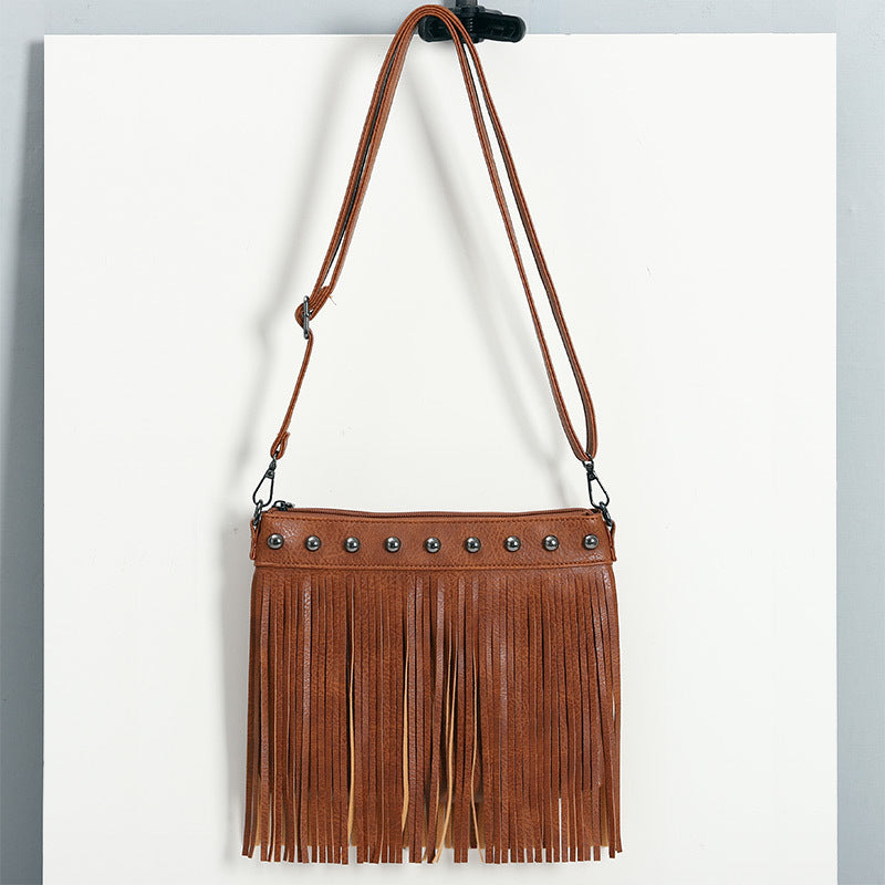 Women's Trendy Fashion Soft Leather Rivet Tassel Bags