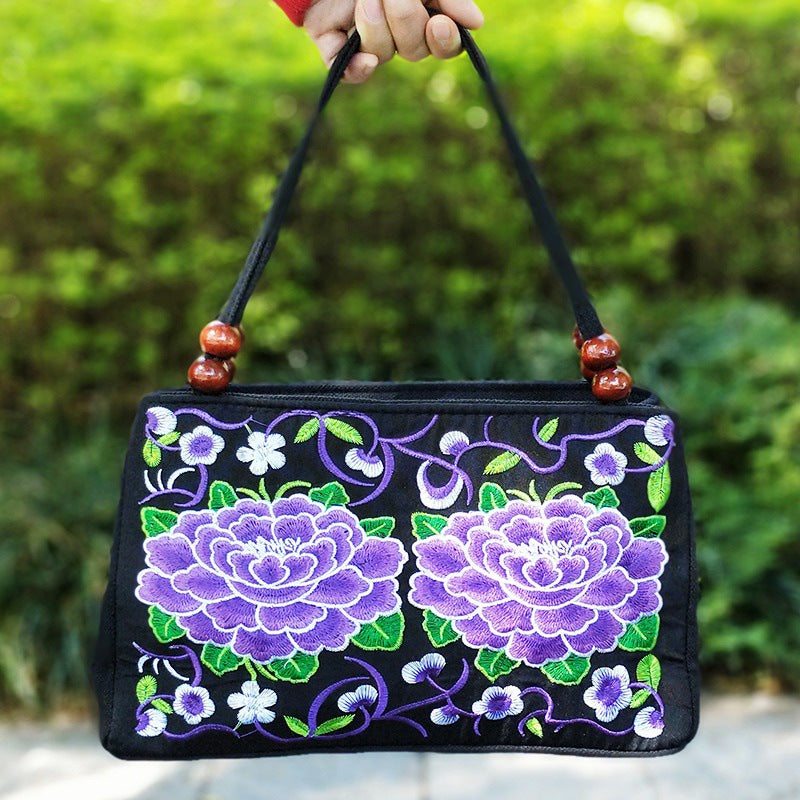 Style Double Sided Embroidery Wooden Bead Layer Zipper Portable Handbags