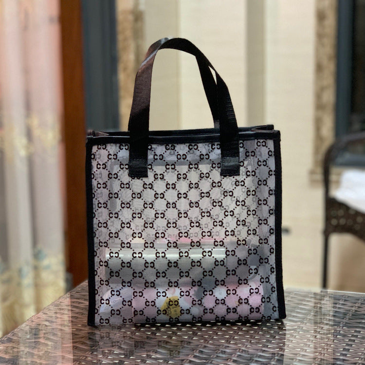 Women's Mesh Flocking Transparent Cutout Large Capacity Handbags